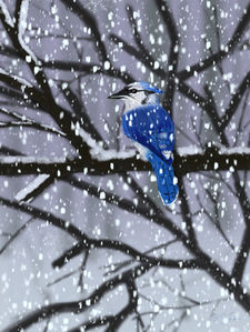 Digital painting of a vibrant blue jay perched on a snow-covered branch during a gentle snowfall. The wintry background features bare trees and a muted sky in soft gray and purple tones, creating a peaceful contrast with the bird’s vivid feathers. Ideal for themes of solitude, resilience, and natural beauty in winter.