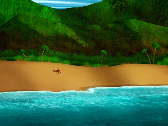 Digital painting of a tropical beach with turquoise waters, lush greenery, and a person relaxing alone in a beach chair under a colorful umbrella. The figure reads peacefully on the sandy shore, surrounded by palm trees and forested hills under a clear sky. The scene evokes themes of solitude, mindfulness, and tropical serenity.
