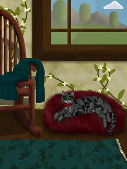 A gray tabby cat with green eyes and a red bow tie lounges on a red cushion in a cozy room. A wooden rocking chair with a teal blanket draped over it sits nearby. Vines with white flowers climb the beige wall, and a large window reveals a scenic view of green fields, trees, and mountains under a blue sky with a single cloud. A teal rug with leaf patterns covers the floor.