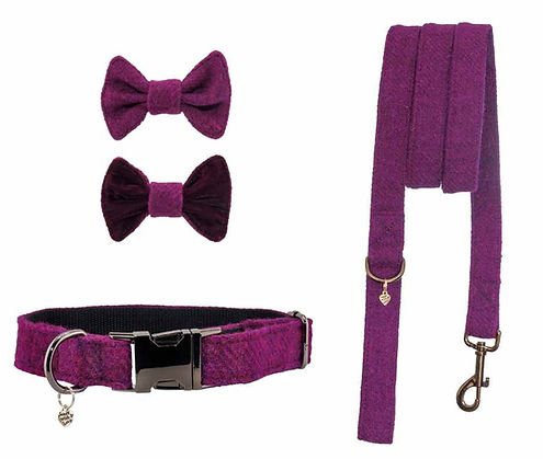 Mulberry Harris Tweed Dog Collar, Lead and Reversible Bow Tie Set