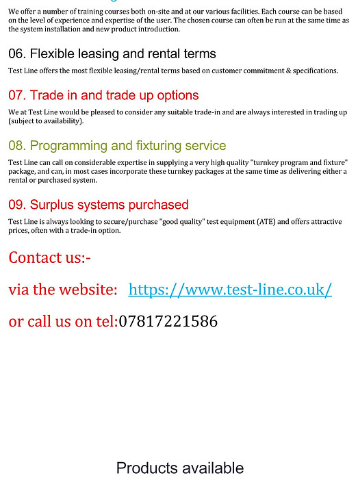 Products list: On-site training, flexible leasing, trade options, programming, surplus systems purchase; contact details included.