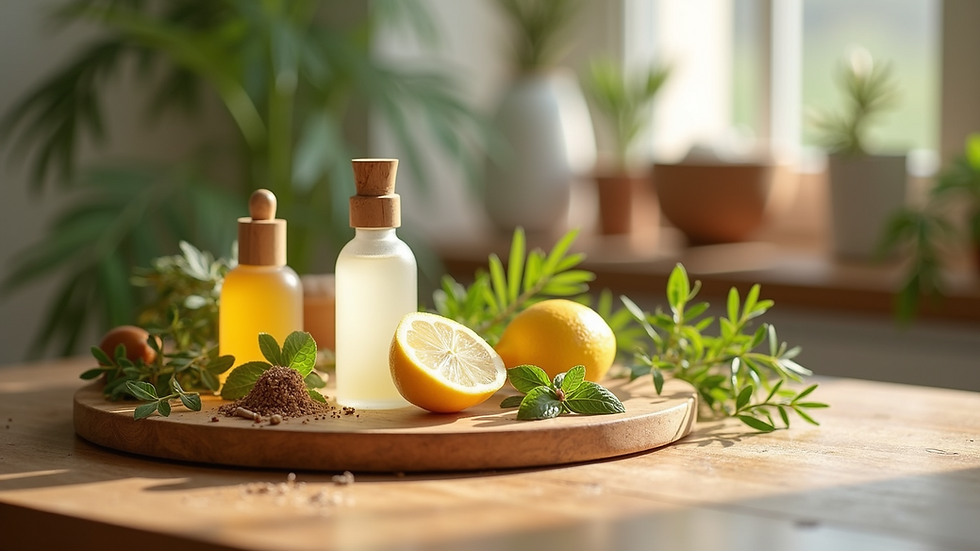 Close-up view of natural skincare ingredients arranged on a wooden table
