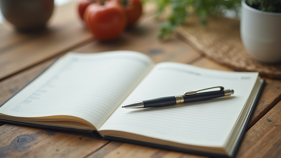 Close-up view of a journal and pen on a wooden table for tracking diet progress