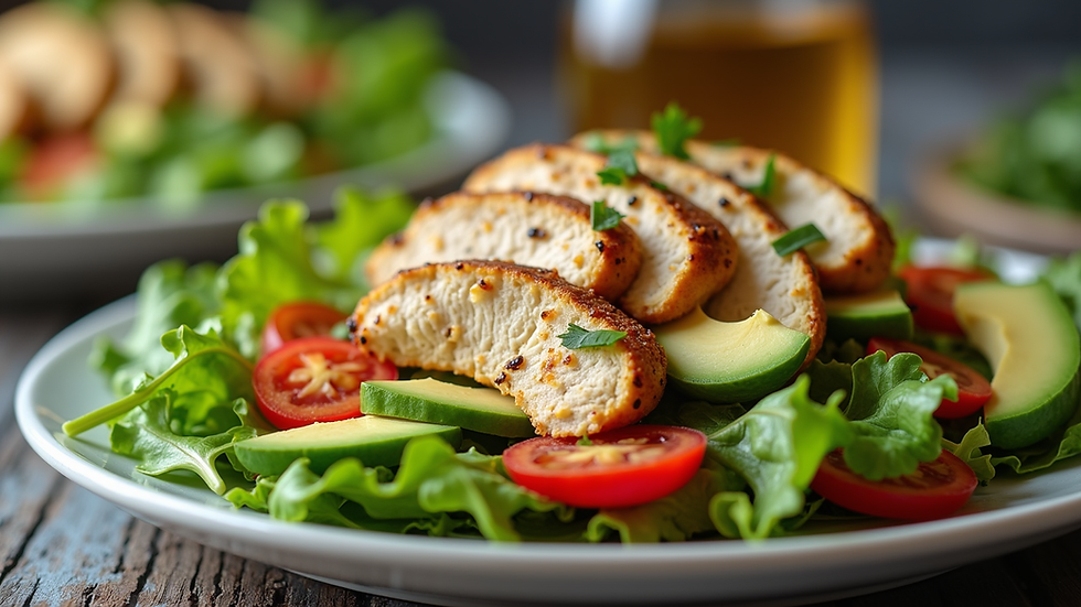 Eye-level view of a colorful grilled chicken salad with mixed greens and avocado