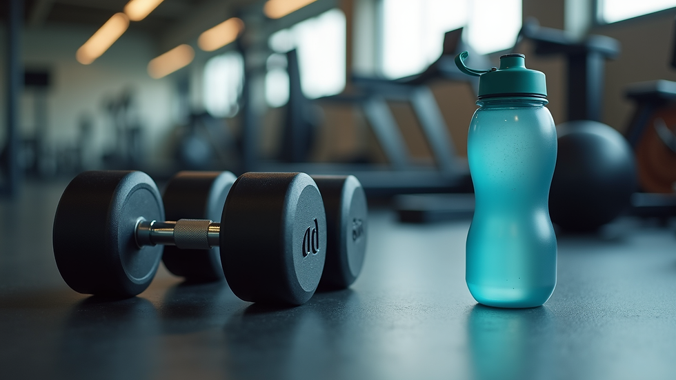 Close-up view of dumbbells and a water bottle on a gym floor