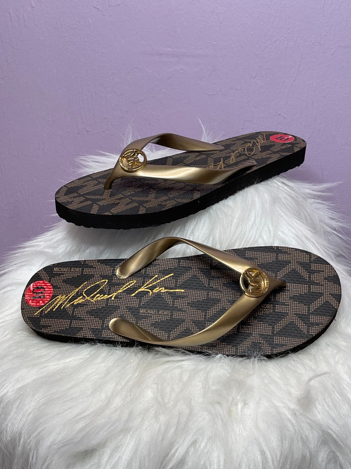 Michael Kors Flip Flops Gold Brown Size 10