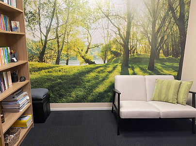 An image of a room and sofa with black floor carpet