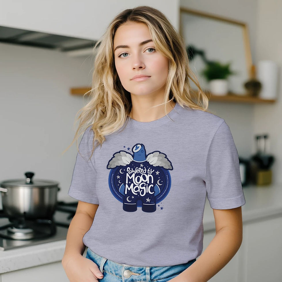 Blonde Haired Women Wearing Bluey Grey T-Shirt with Blue Angel Pop Art Design on the Front