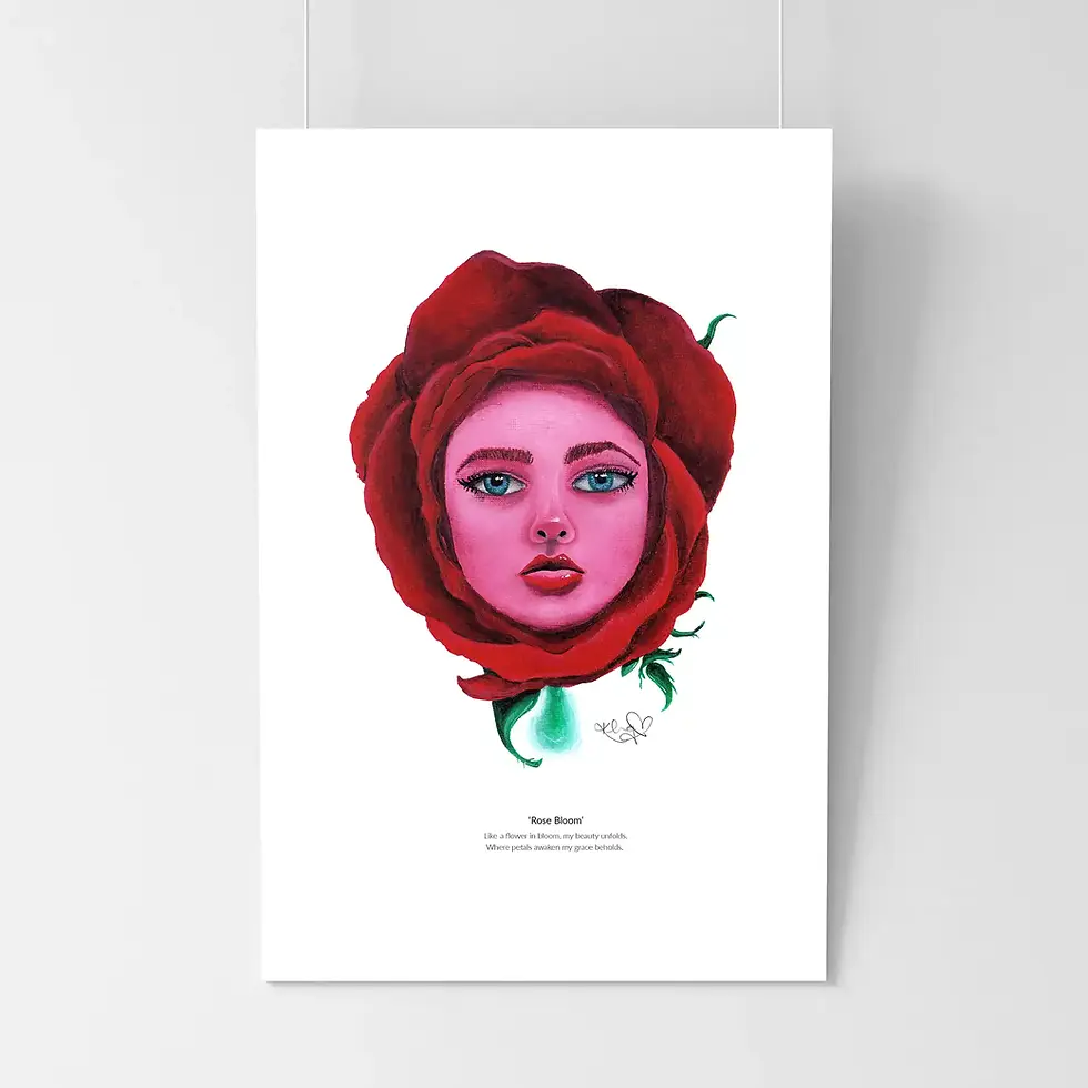 Painting of women's face surrounded by rose petals, isolated, resting against a grey back ground