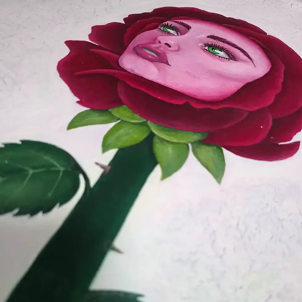 Thumbnail: Women's face surrounded by rose petals, incantation wrapped around stem of flower.