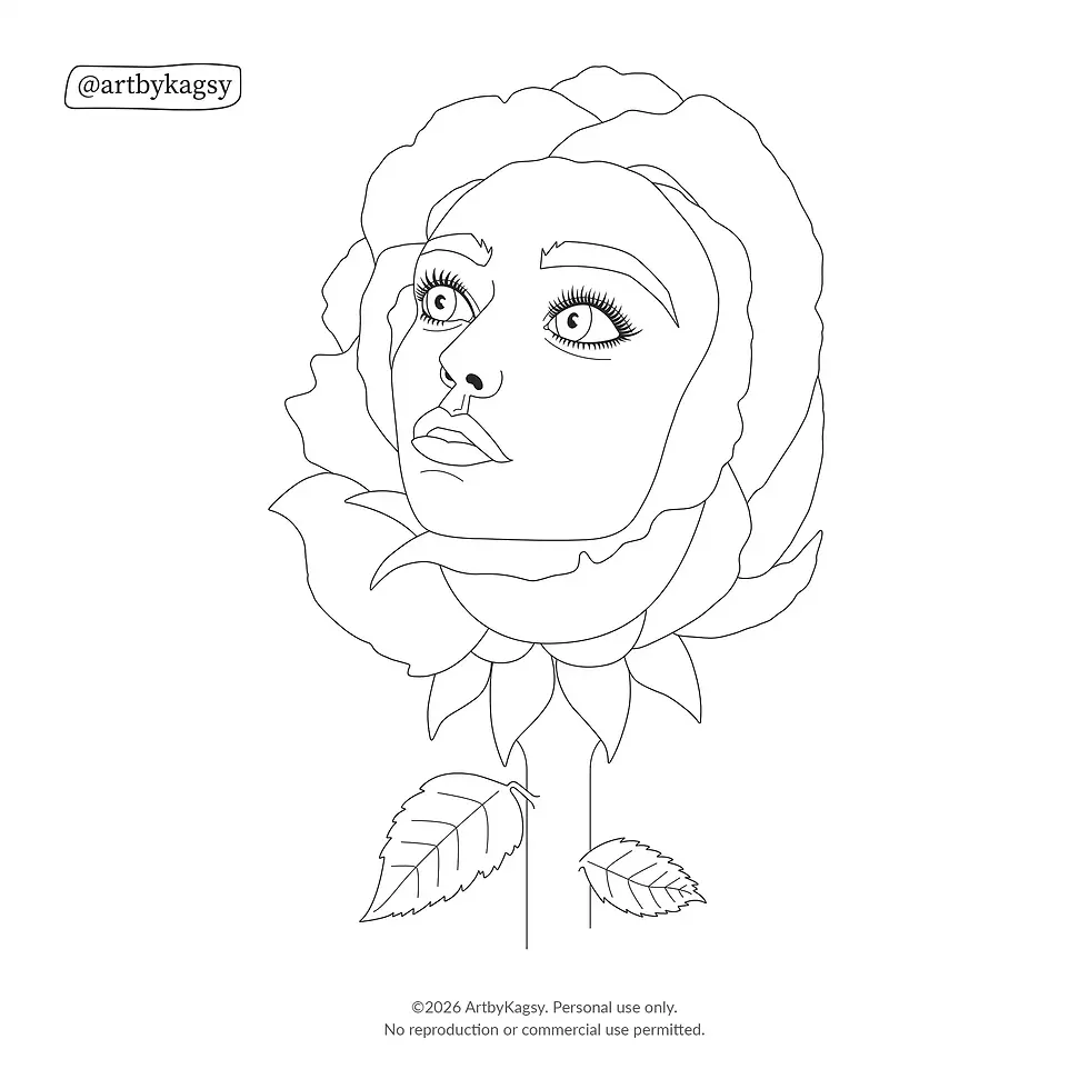 Colourting book outline of a women's face looking outward, surrounded by rose petals. Set against a white background.