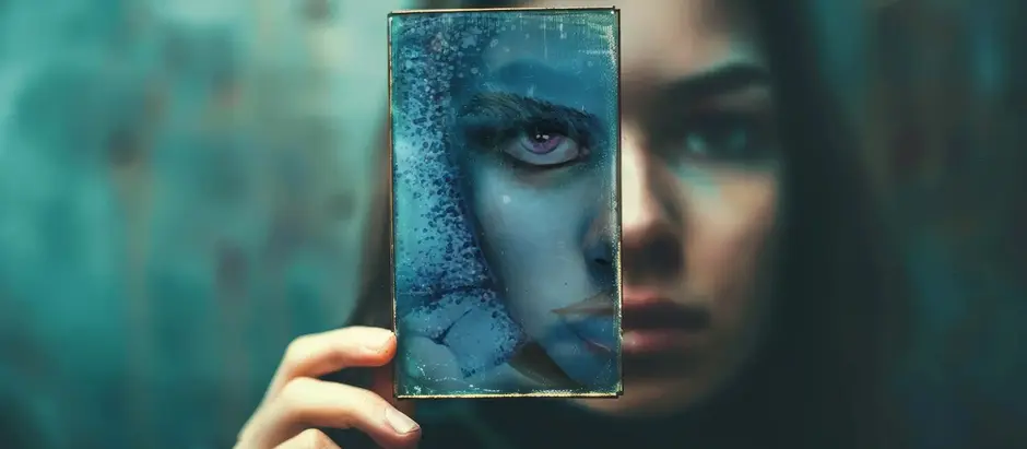 Woman holding a frosted glass with an enigmatic face reflected. Background is teal, adding a mysterious mood.
