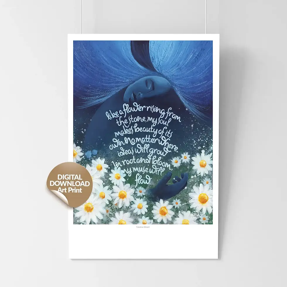 Painting of women curled in daisies