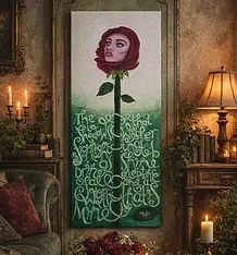 Image of a women's face surrounded by rose petals set against a wall in a shabby chic room.