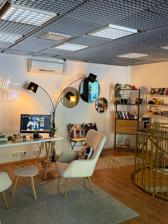 Bright and upscale tattoo studio waiting lounge in Helsinki with contemporary interior design elements.