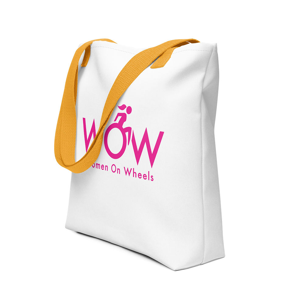 Thumbnail: White tote bag with yellow strap. Hot pink WOW logo is in the middle.