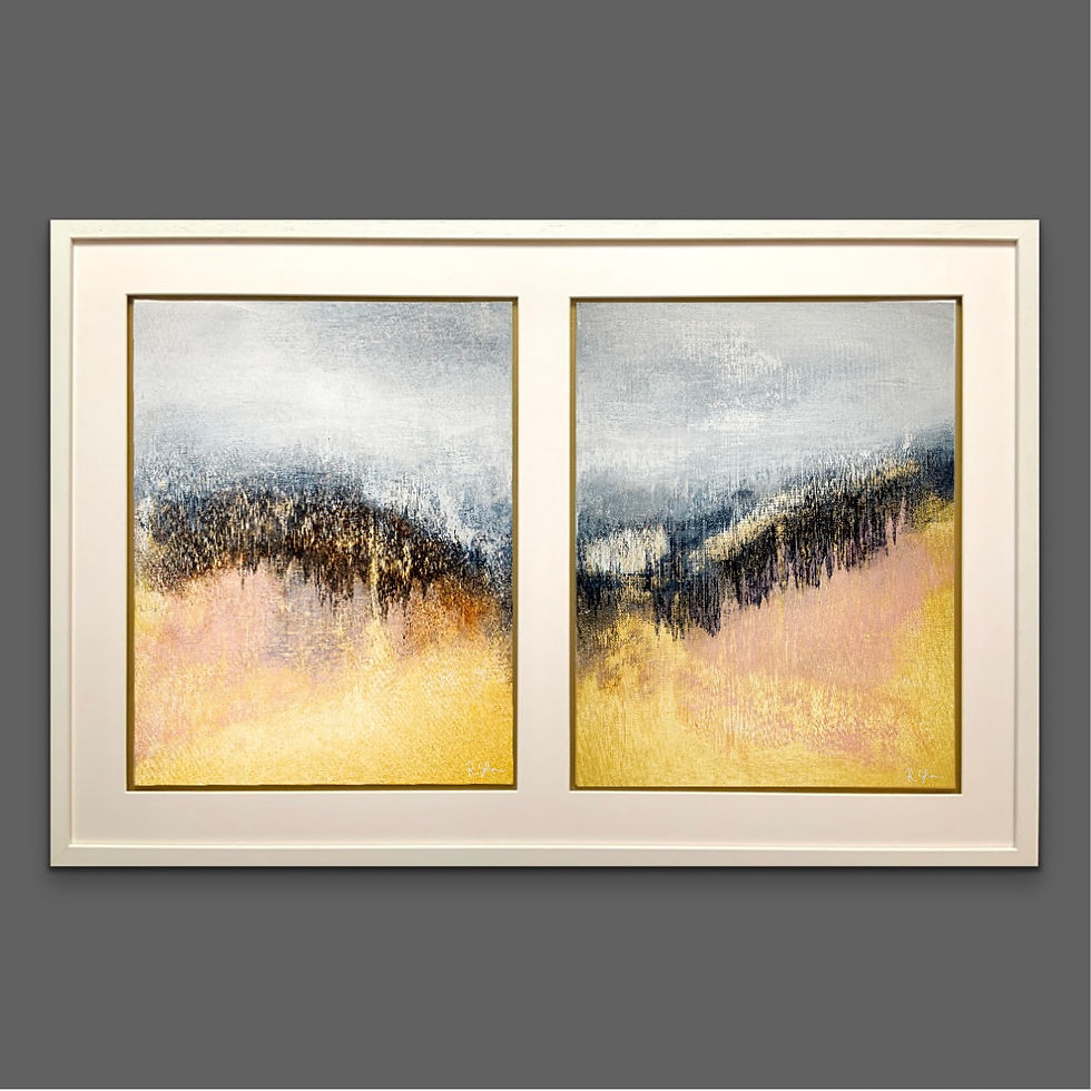 Thumbnail: Pair of white framed artworks behind glass. Artworks suggest an abstract hillside landscape in golds and greys