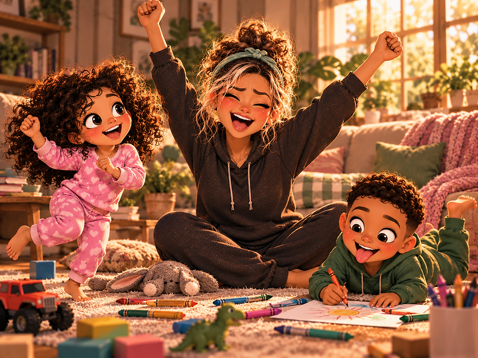 A joyful mother embraces playful chaos with her two young children