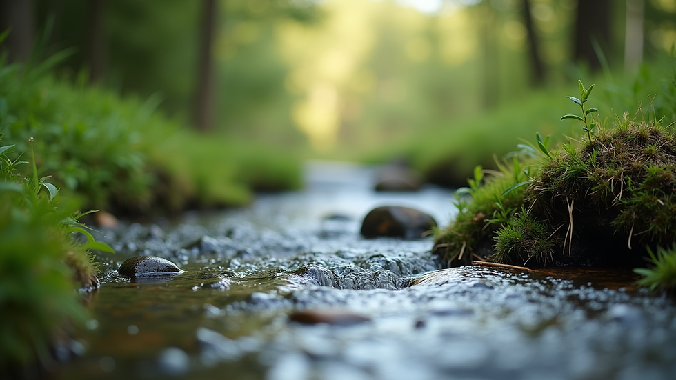 Close-up view of a serene nature scene with a flowing stream