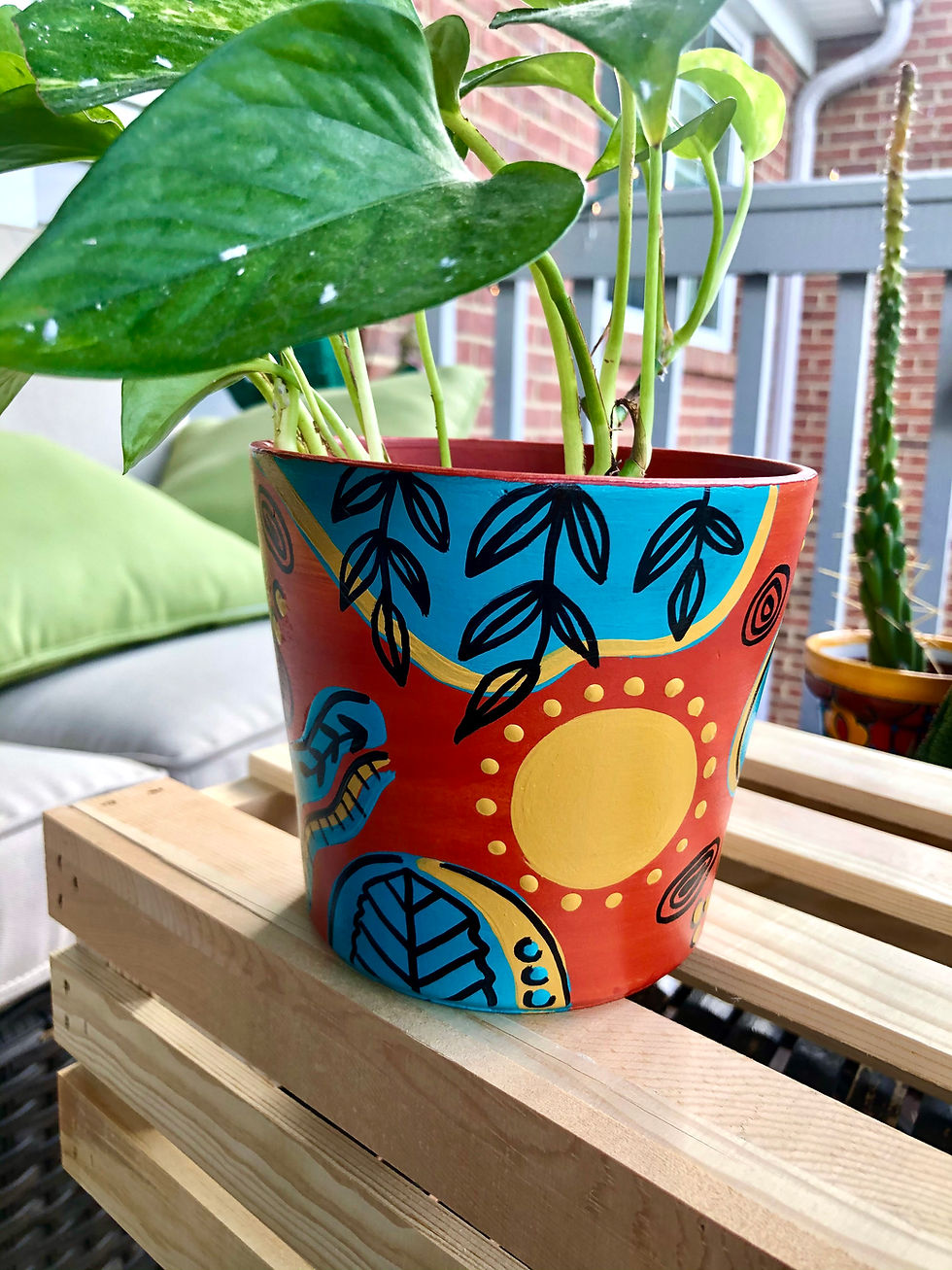 Thumbnail: blue + orange abstract sun planter 4.8"