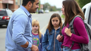 Parents completing changeover, engaging in discussion about parent's problems or adult issues in front of the children.