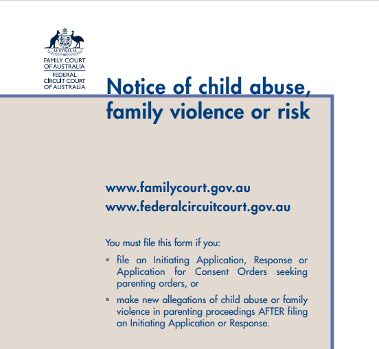 Family Law Courts Change of Procedure - New Notice of Child Abuse, Family Violence or Risk Form