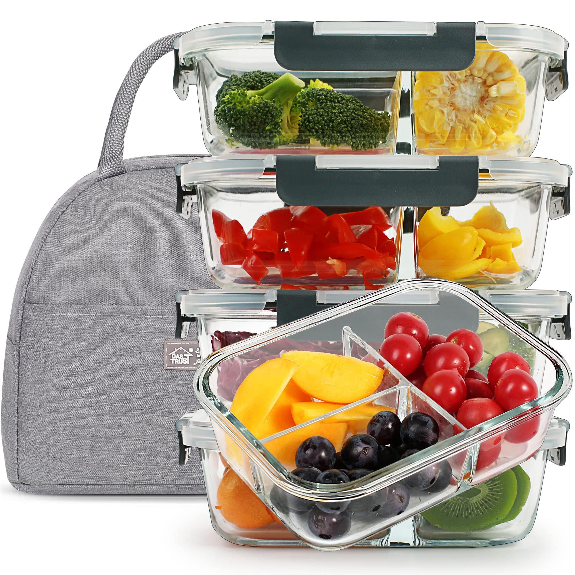 DAS TRUST 5 Pack 36oz Bento Box Glass Meal Prep Containers 3 Compartments Glass