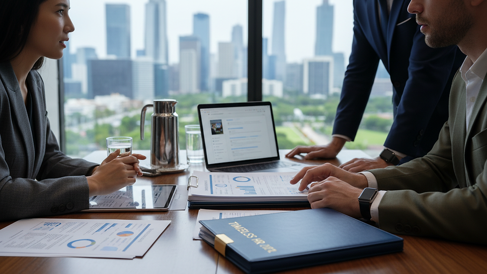 Close-up view of a business meeting with HR strategy documents on the table