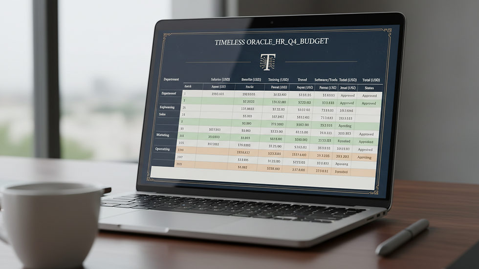Close-up view of a laptop screen showing HR budget planning spreadsheet