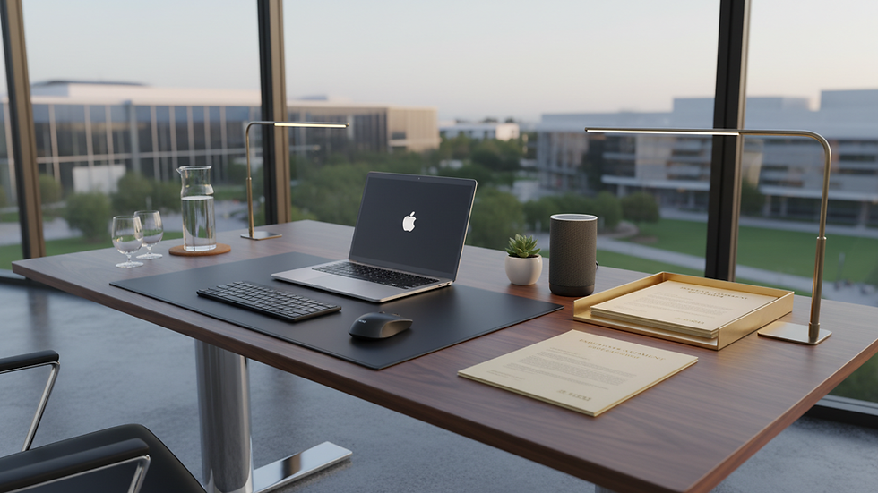 Eye-level view of a modern office desk with a laptop and HR documents