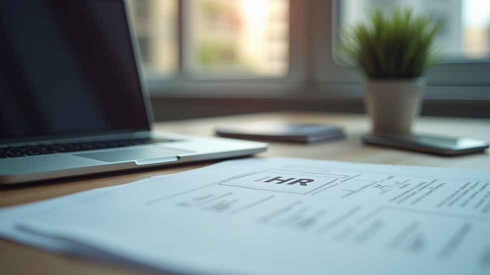 Eye-level view of a modern office desk with HR documents and a laptop