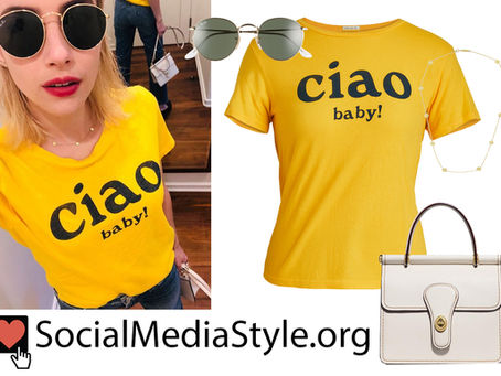 Emma Roberts' sunglasses, circle necklace, yellow "ciao baby!" t-shirt, and ivory purse
