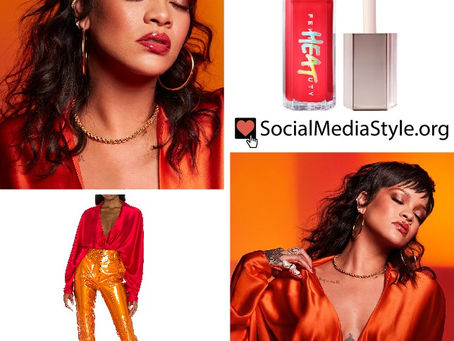 Rihanna's red bodysuit, orange moto pants, and Fenty Beauty lip gloss