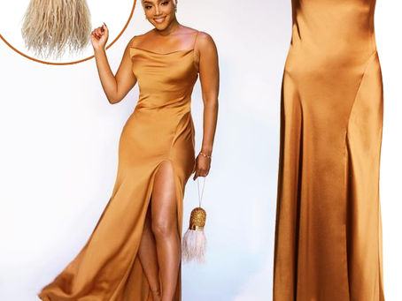 Tiffany Haddish's bronze satin dress and feather bag from the "Easter Sunday" premiere