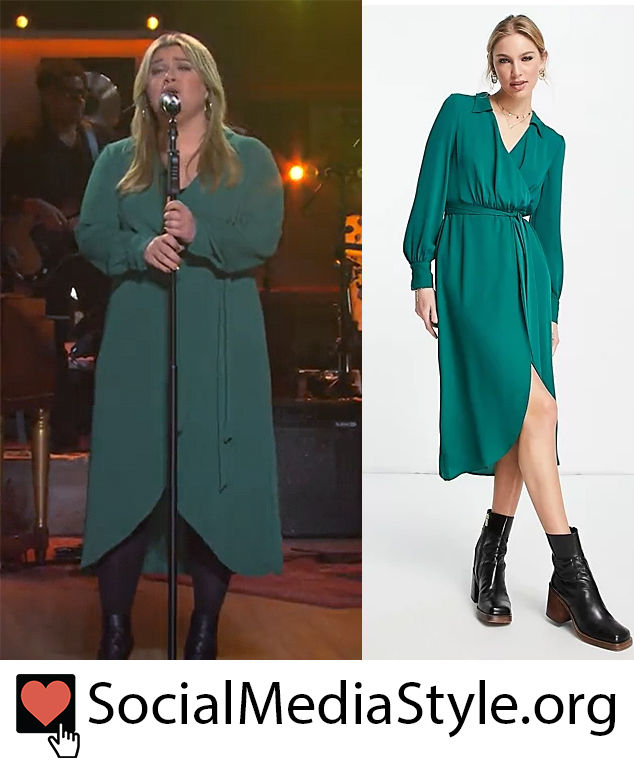 Kelly Clarkson's green collared wrap dress from The Kelly Clarkson Show