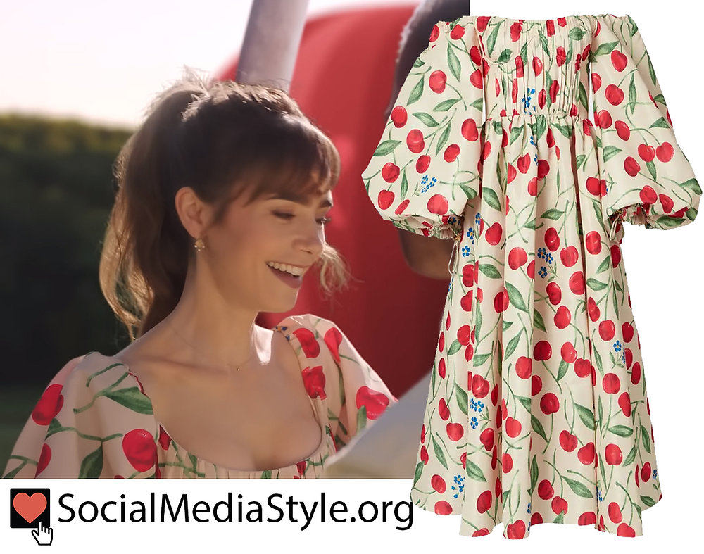 Emily (Lily Collins)'s off-the-shoulder cherry print dress from Emily