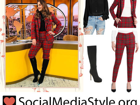 Drew Barrymore's red plaid jacket and pants and black blouse and knee high boots