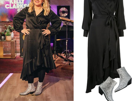 Kelly Clarkson's black wrap dress and silver glitter boots from The Kelly Clarkson Show