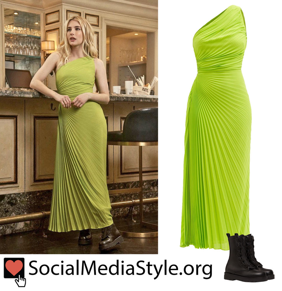 Emma Roberts' green one shoulder dress and combat boots
