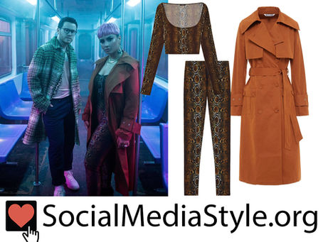 Demi Lovato's trench coat and snakeskin print top and leggings