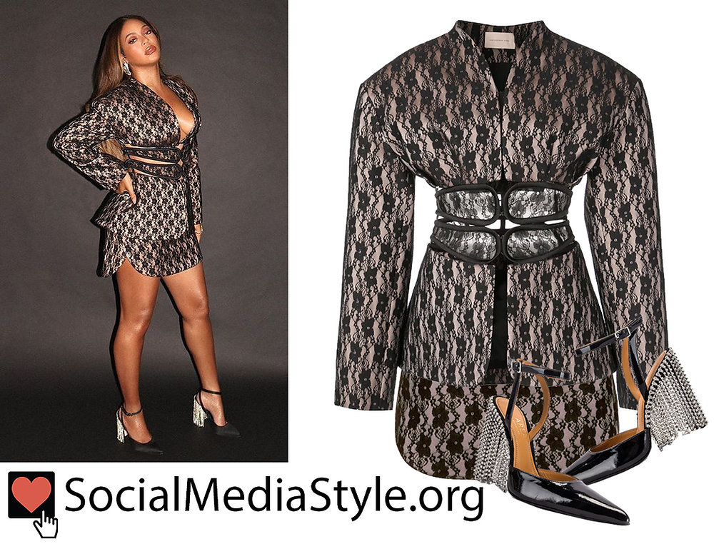 Beyonce's lace jacket and skirt and crystal fringed pumps