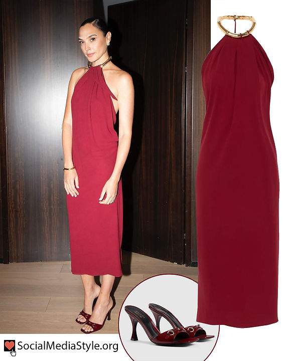 Gal Gadot's red halter dress and slide sandals Gal Gadot's red halter dress and slide sandals