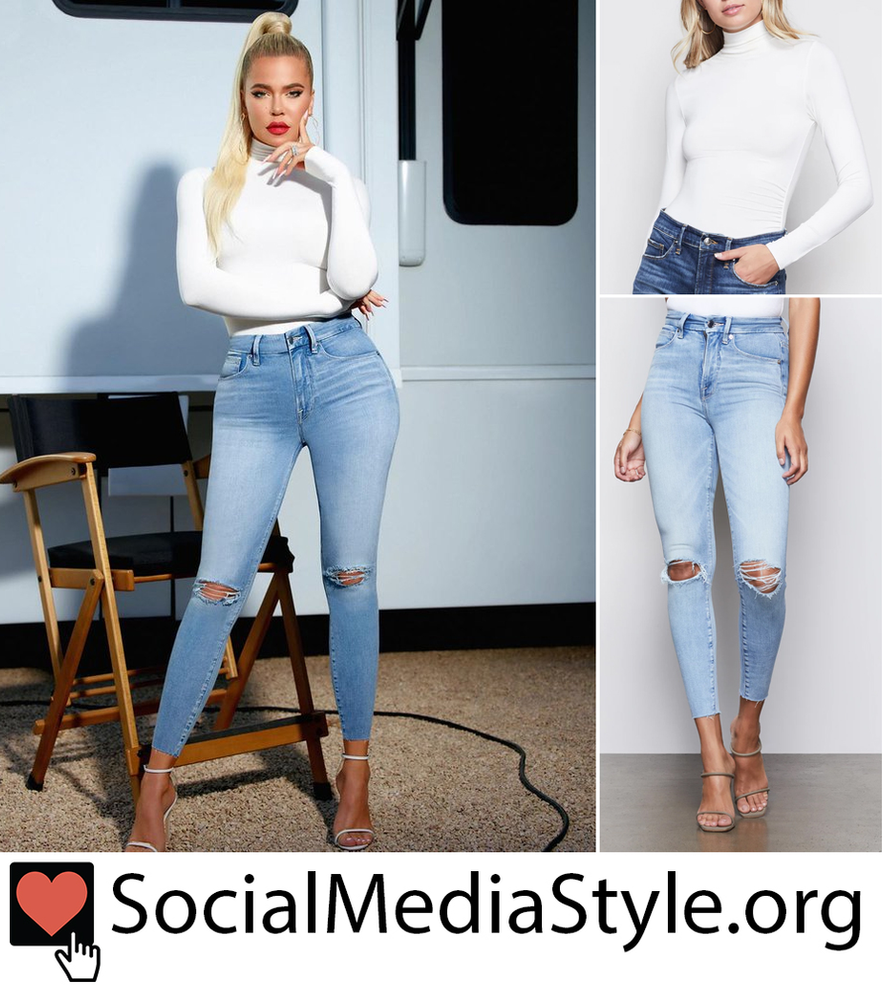 Khloe Kardashian's Good American white turtleneck bodysuit and