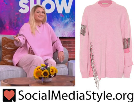 Meghan Trainor's pink crystal fringe embellished sweater from The Kelly Clarkson Show