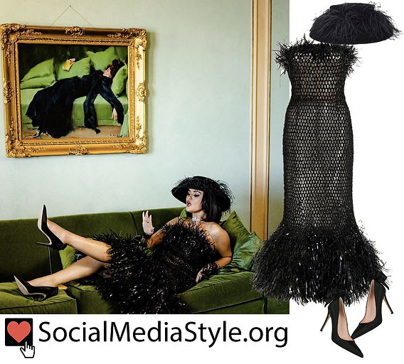 Selena Gomez's black feather dress and hat and bow pumps from the "Love On" music video Selena Gomez's black feather dress and hat and bow pumps from the "Love On" music video