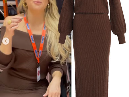 Isla (Kate Hudson)'s brown off-the-shoulder knit dress from Running Point