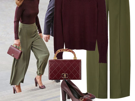 Kate Middleton's berry sweater, green culottes, burgundy bag, and fringed pumps