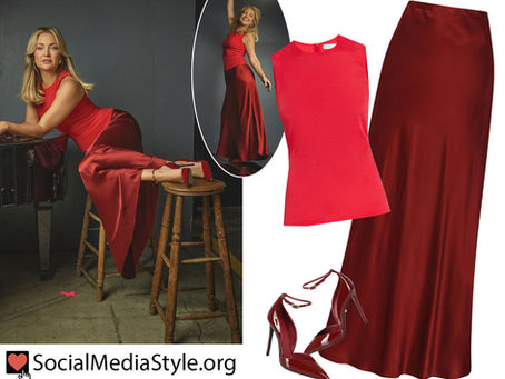Kate Hudson's red sleeveless top, silk maxi skirt, and ankle strap pumps from Variety