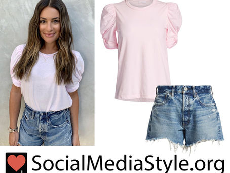 Lea Michele’s pink puff sleeve top and distressed denim shorts