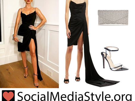 Sarah Hyland's black draped dress, beaded clutch, and pvc pumps